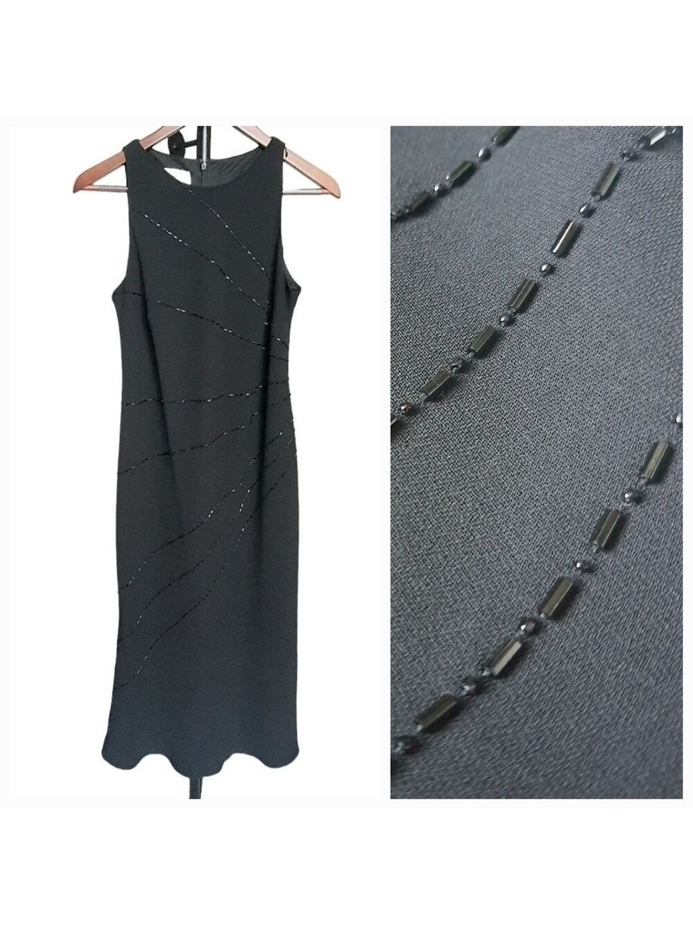 Jones New York Sleeveless Beaded Maxi Sheath Dress, Black, Size 10 Round Neck